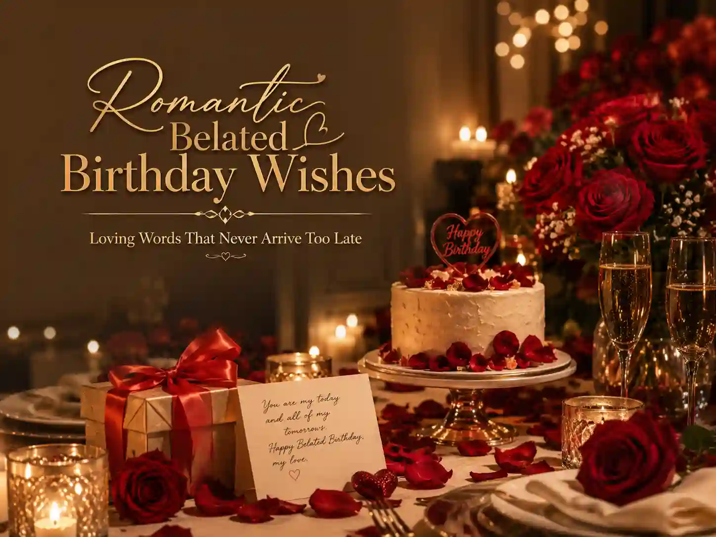 Romantic belated birthday wishes with roses, candles, gifts, and elegant dinner setup.