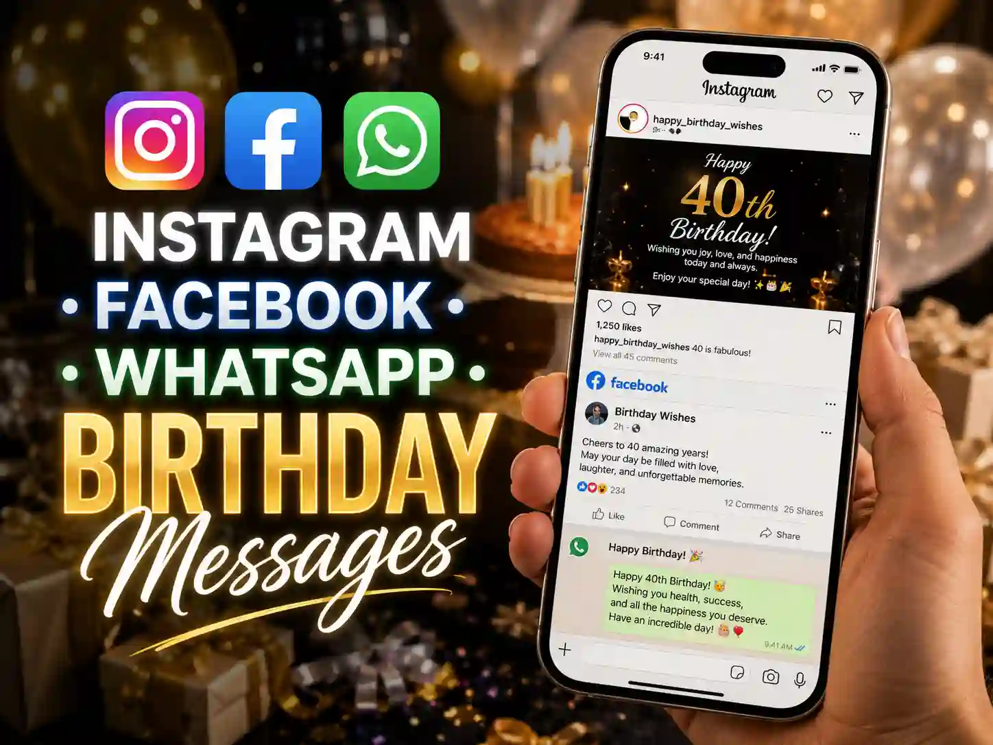 Smartphone displaying social media birthday wishes for 40th birthday
