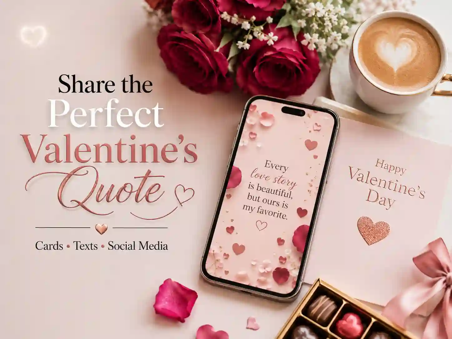 Valentine's Day quotes for cards texts and social media with smartphone and greeting card.