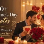 150 Valentine's Day Quotes featured image with romantic couple exchanging roses and Valentine's cards.