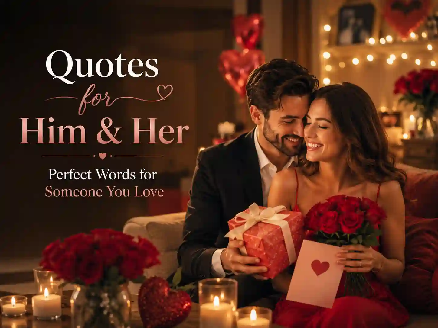 Valentine's Day quotes for him and her with a happy couple exchanging gifts.