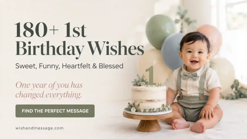One-year-old smiling beside a small birthday cake with warm balloons and first birthday message text.
