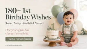One-year-old smiling beside a small birthday cake with warm balloons and first birthday message text.