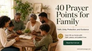 Multi-generational family holding hands in prayer around a table with an open Bible.
