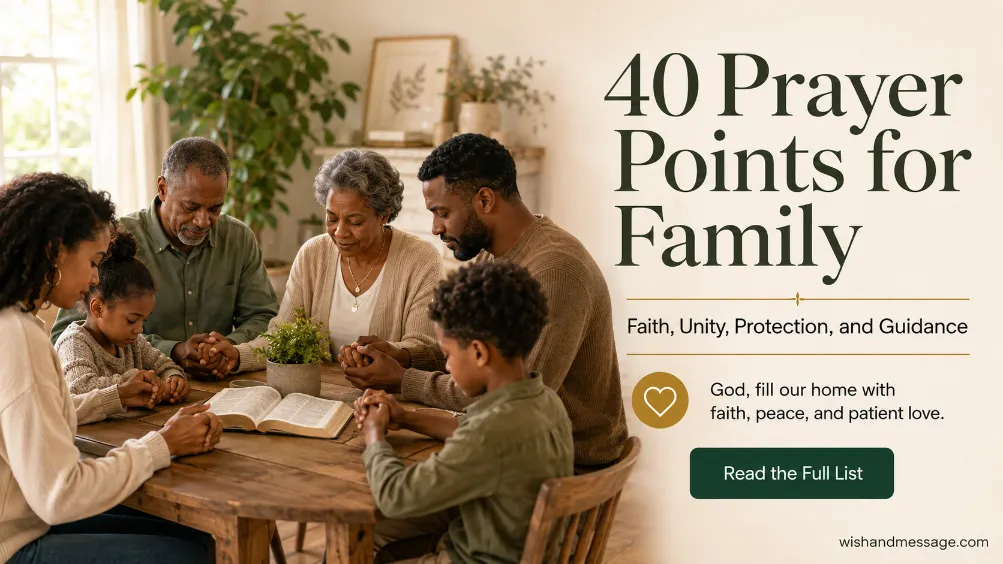 Multi-generational family holding hands in prayer around a table with an open Bible.