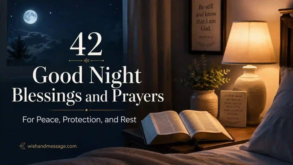 Open Bible on a bedside table with warm lamp light and peaceful nighttime setting representing good night blessings and prayers