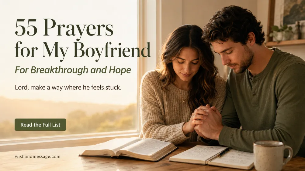 Woman praying beside her boyfriend with an open Bible in warm morning light and a breakthrough prayer overlay