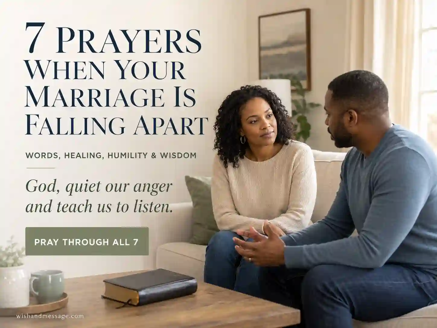 Married couple having a calm conversation beside a Bible during a difficult season in their marriage.