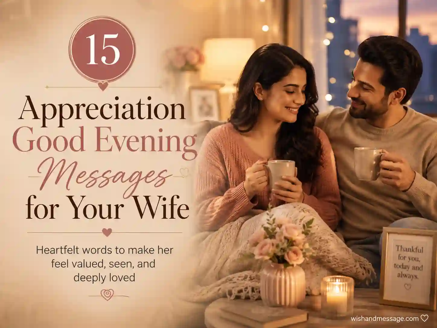 Appreciation themed good evening image showing a husband valuing his wife in a peaceful home setting
