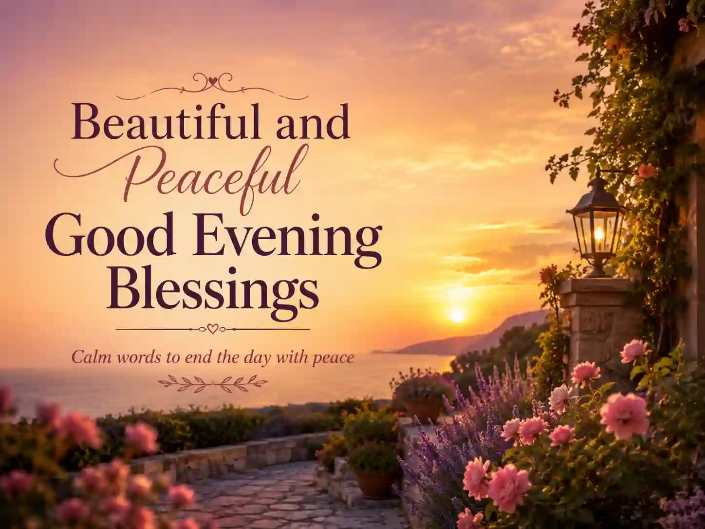 Beautiful and peaceful good evening blessings image with sunset sky, flowers, and stylish overlay text