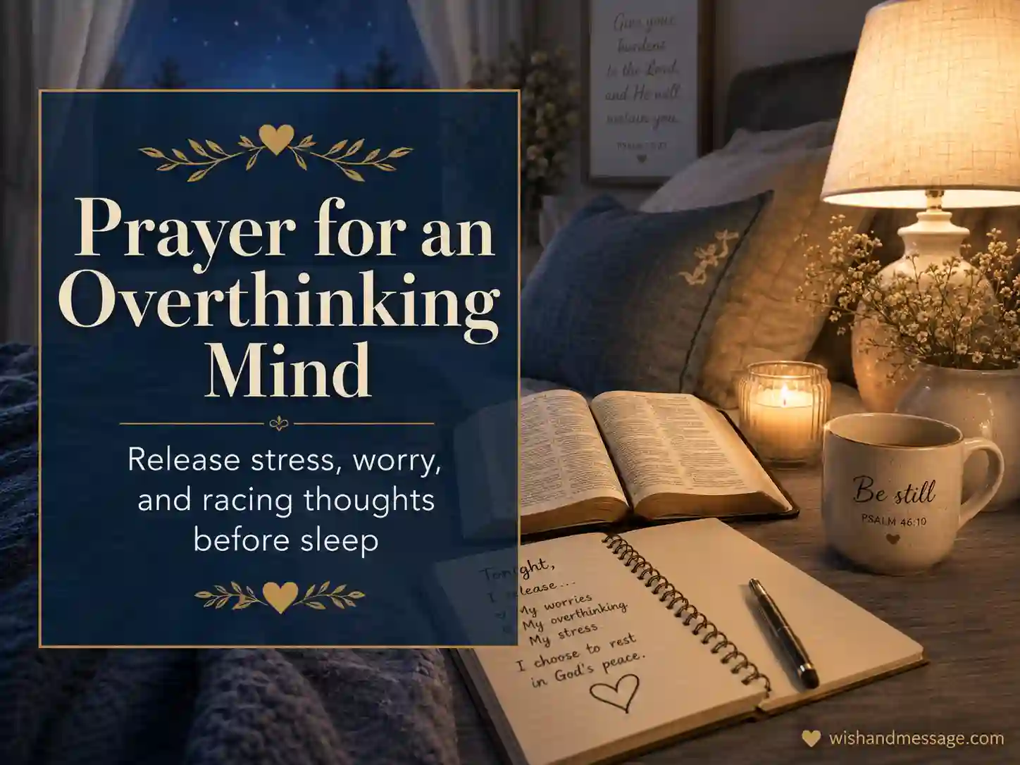 Open journal and Bible in a quiet bedroom scene representing a bedtime prayer for overthinking and stress