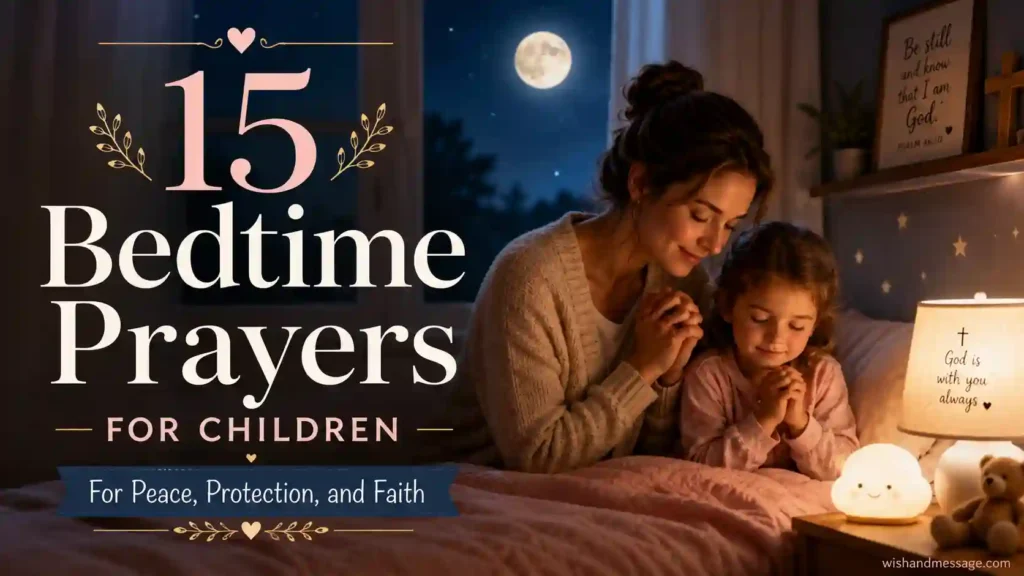 Parent and child praying together before bedtime in a peaceful nighttime bedroom