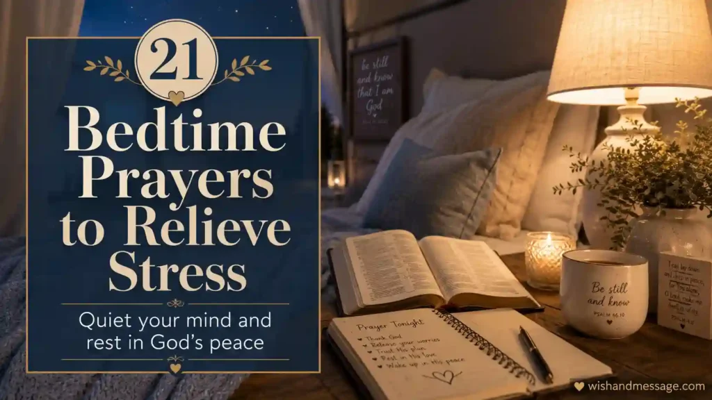 Peaceful nighttime prayer scene with Bible, journal, and soft lamp light for bedtime prayers to relieve stress