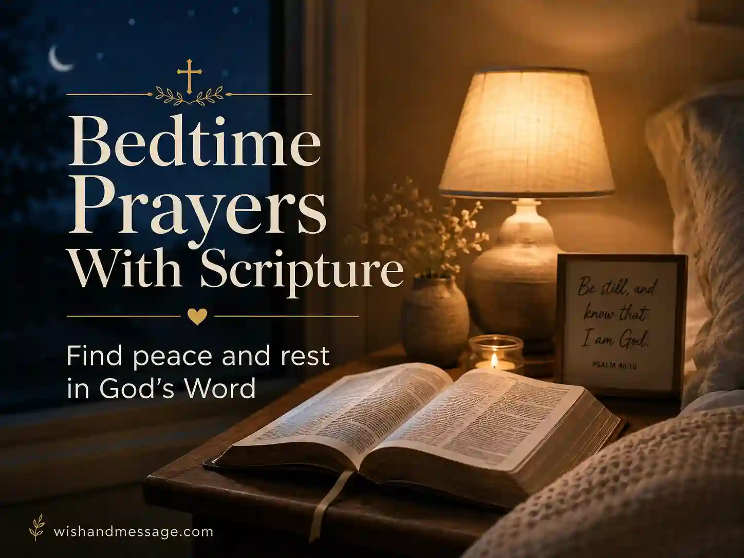 Open Bible under warm bedside light representing scripture-based bedtime prayers for peace and rest