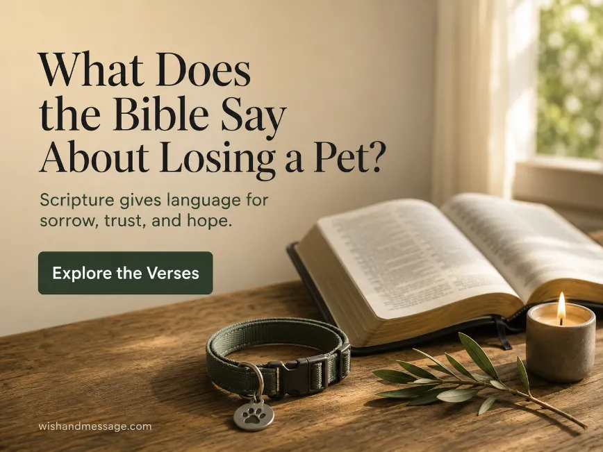 Open Bible beside a pet collar and candle with text about what the Bible says about losing a pet.