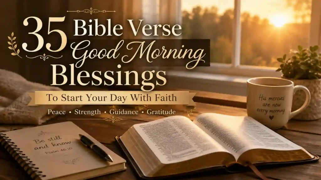 Open Bible and journal in soft morning light with overlay text about Bible verse good morning blessings
