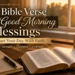 Open Bible and journal in soft morning light with overlay text about Bible verse good morning blessings