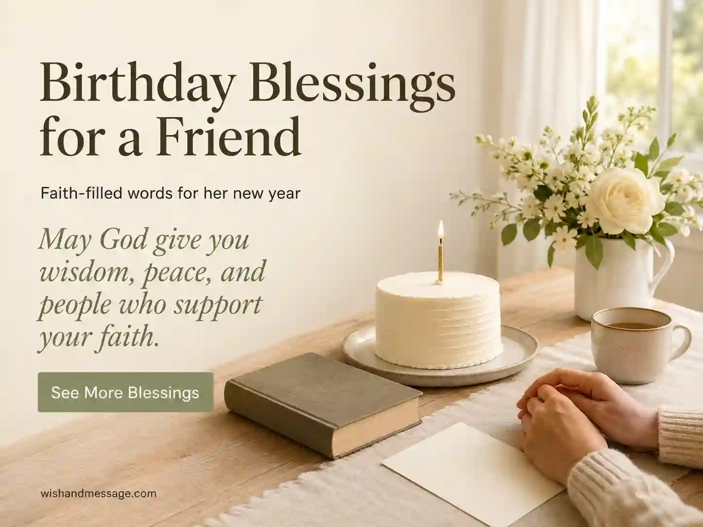 Birthday cake, flowers, closed Bible, blank card, and clasped hands for a friend’s birthday blessing