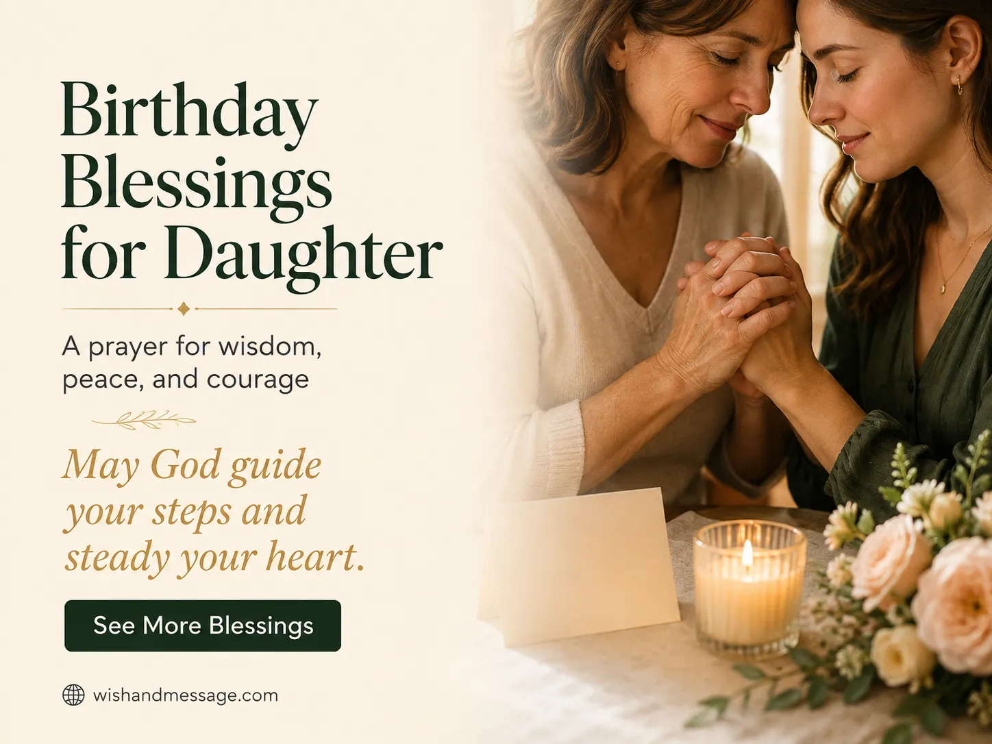 Mother and daughter holding hands near a candle, flowers, and birthday card.