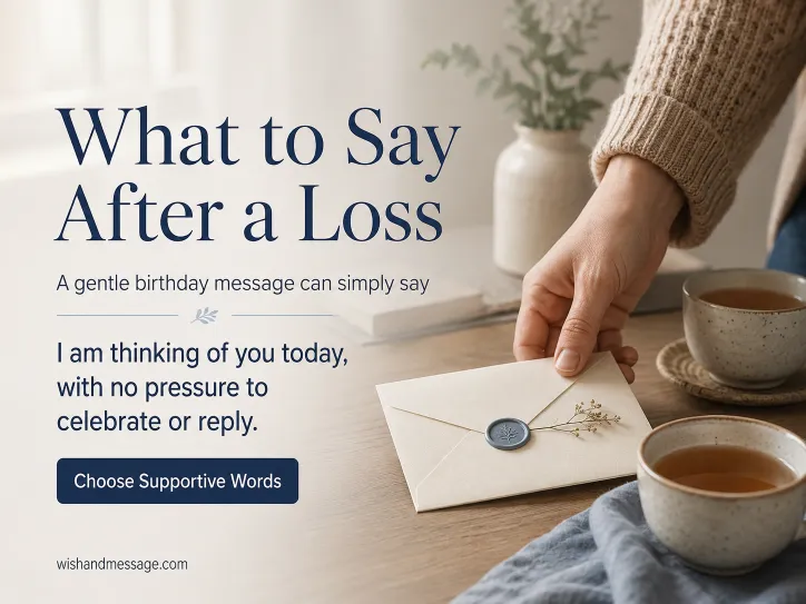 Hand placing a supportive birthday card beside two cups of tea for someone grieving a loss