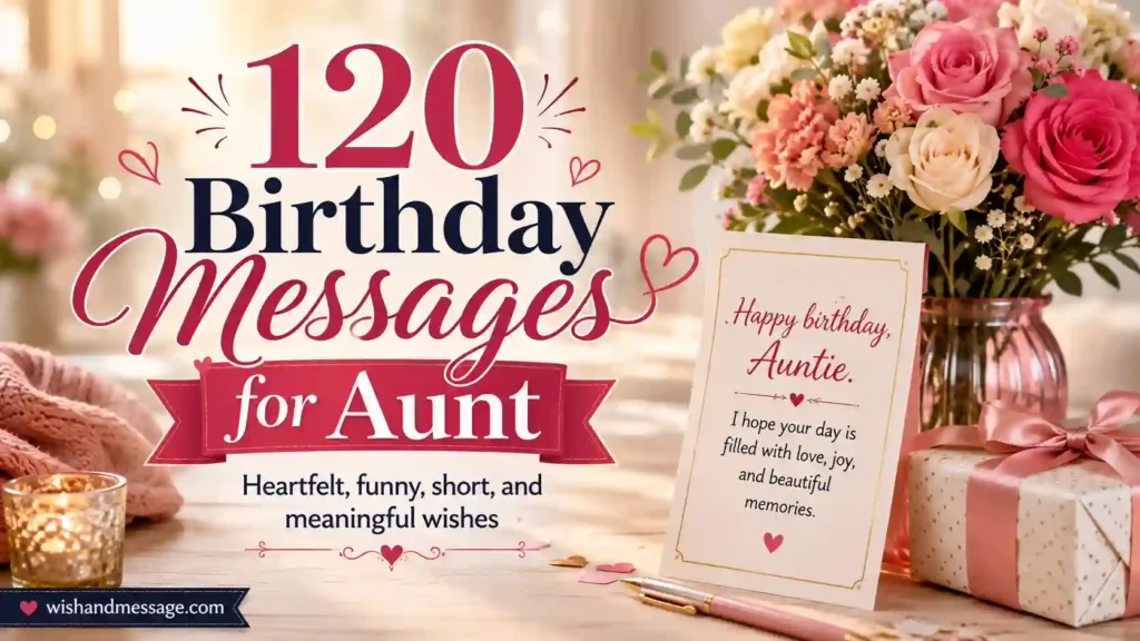 Elegant birthday-themed image for birthday messages for aunt with flowers, gift box, and greeting card.