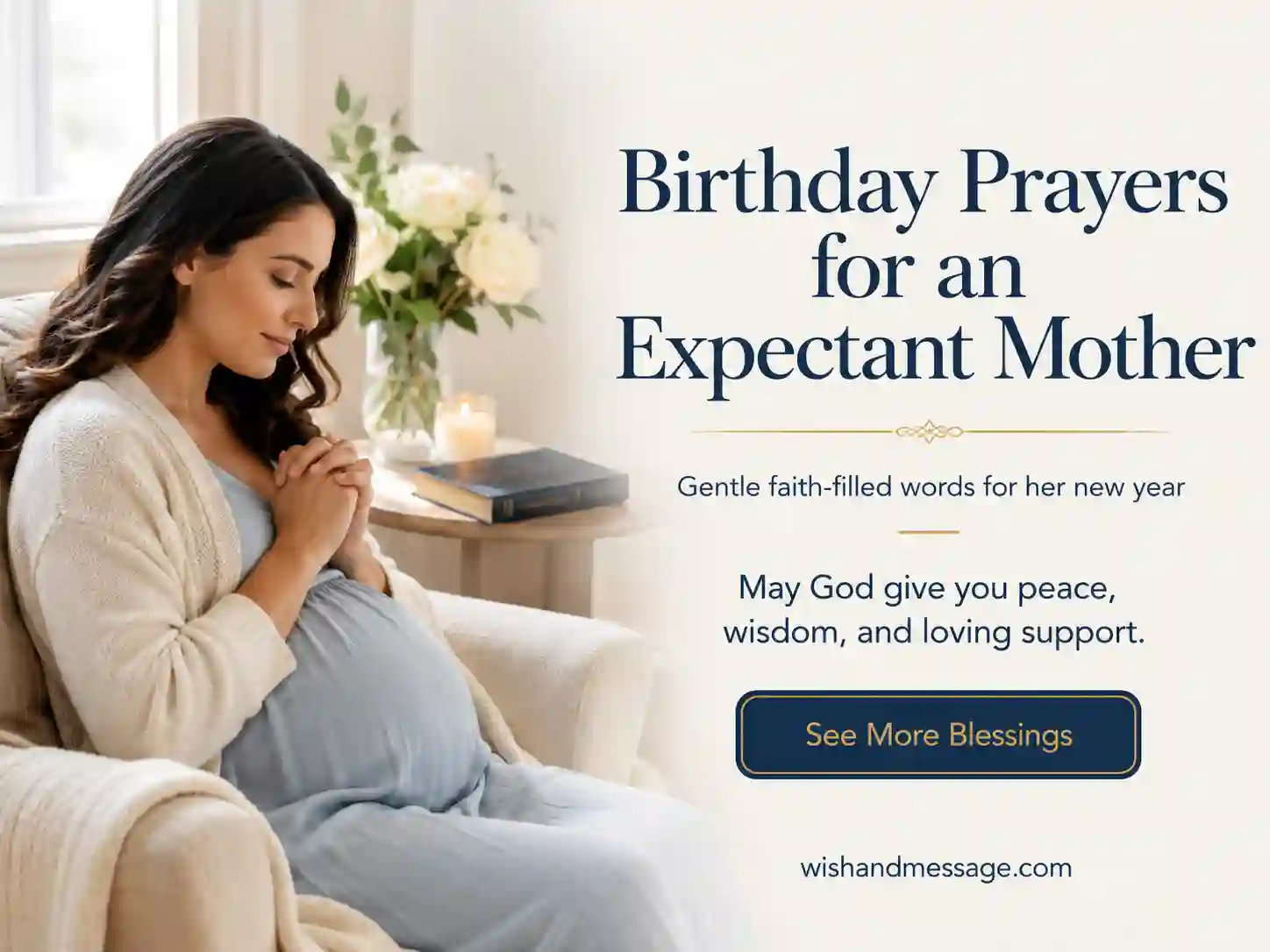 Expectant mother praying quietly beside a birthday candle and devotional book