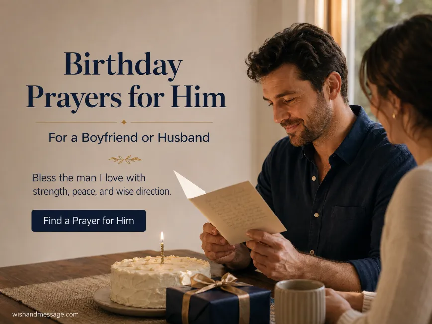 Man opening a handwritten birthday prayer card beside a simple cake and gift while his partner sits nearby.
