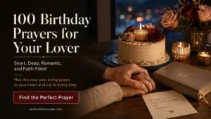 Romantic birthday prayer scene with a couple's hands beside a candlelit cake, Bible, roses, and handwritten card.