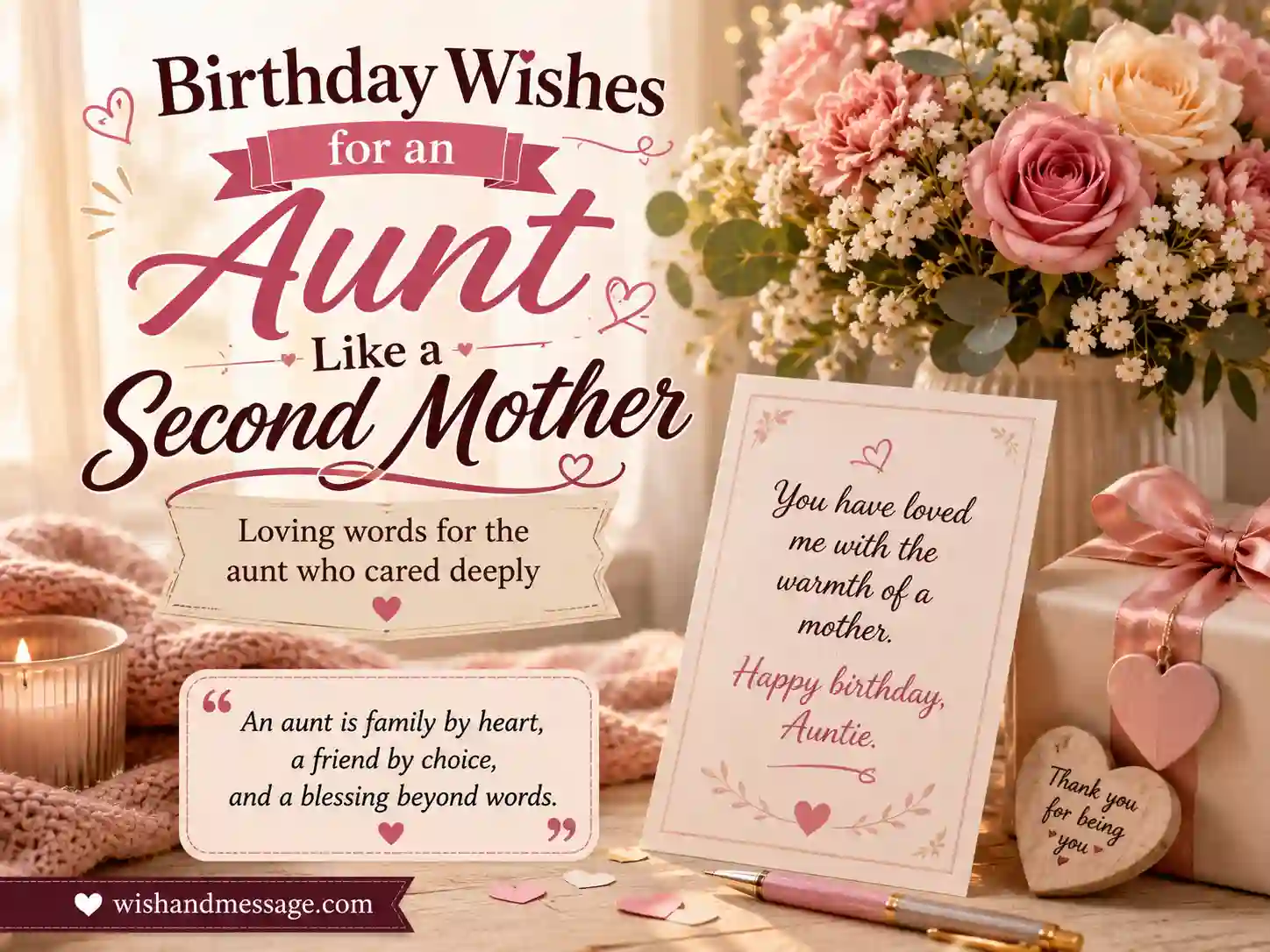 Emotional birthday image for an aunt like a second mother with soft flowers and meaningful message.
