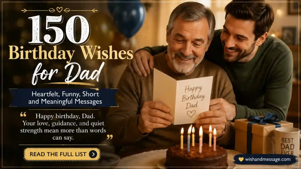 Father smiling during a birthday celebration with a warm heartfelt birthday message overlay