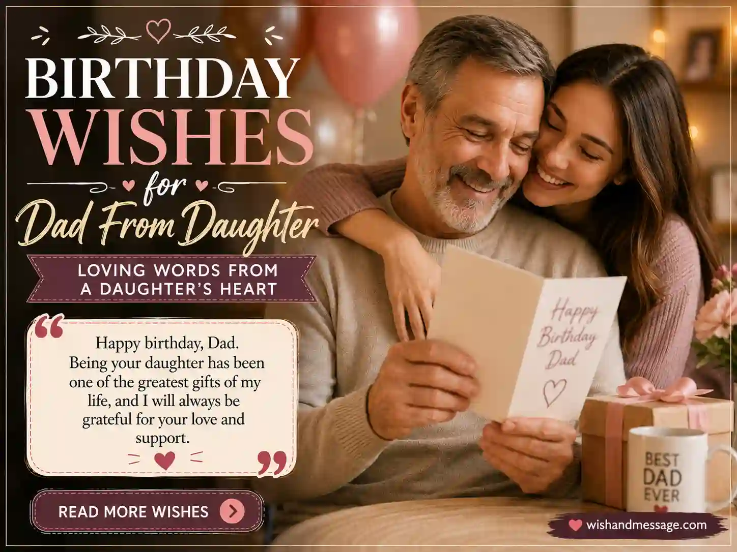 Daughter sharing a warm birthday moment with her father and birthday wishes text overlay