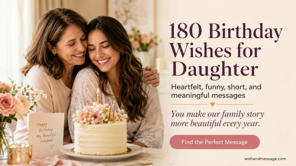 Parent hugging an adult daughter beside a birthday cake and blank greeting card.