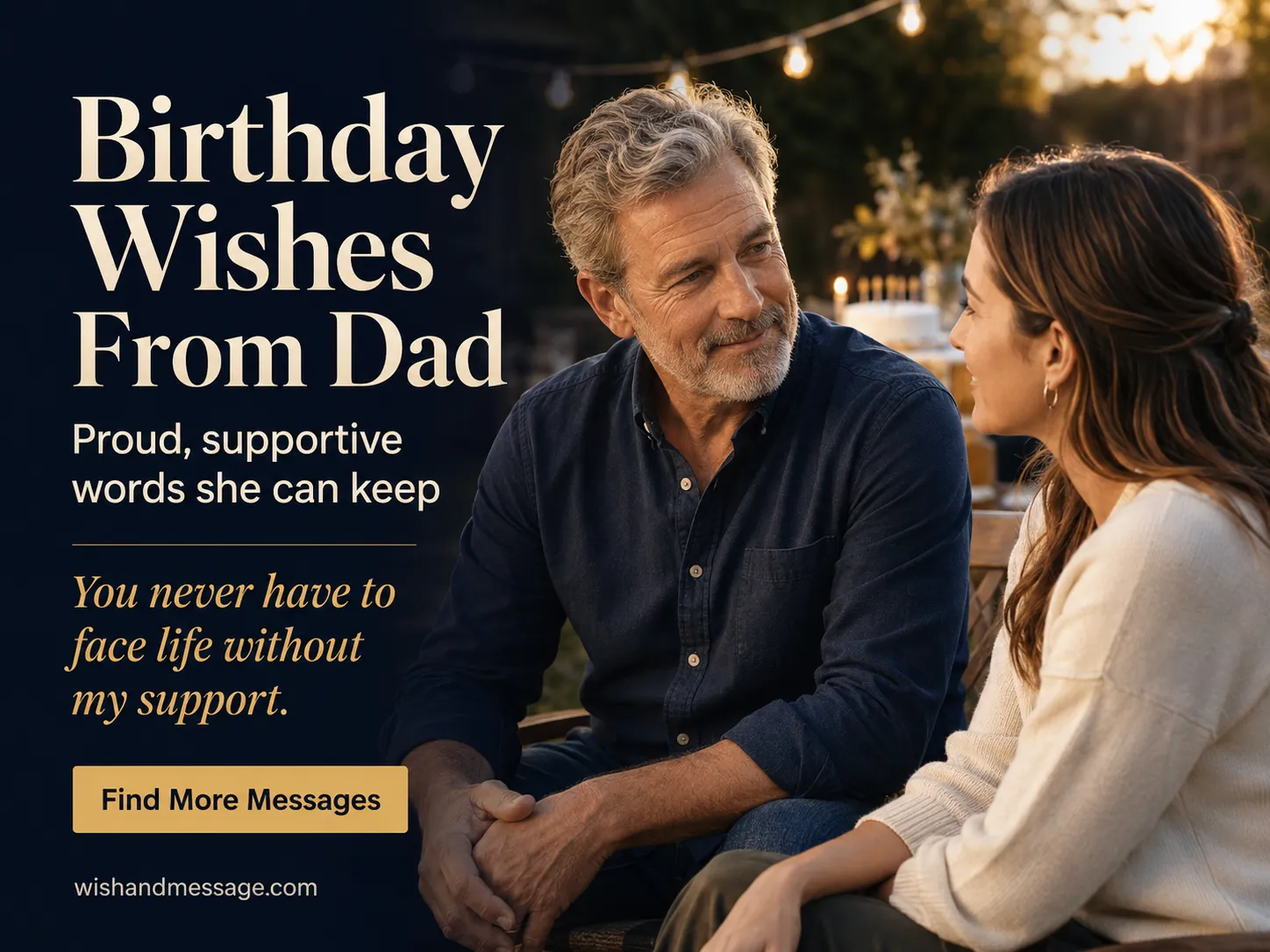 Father and daughter talking together at a relaxed backyard birthday gathering.
