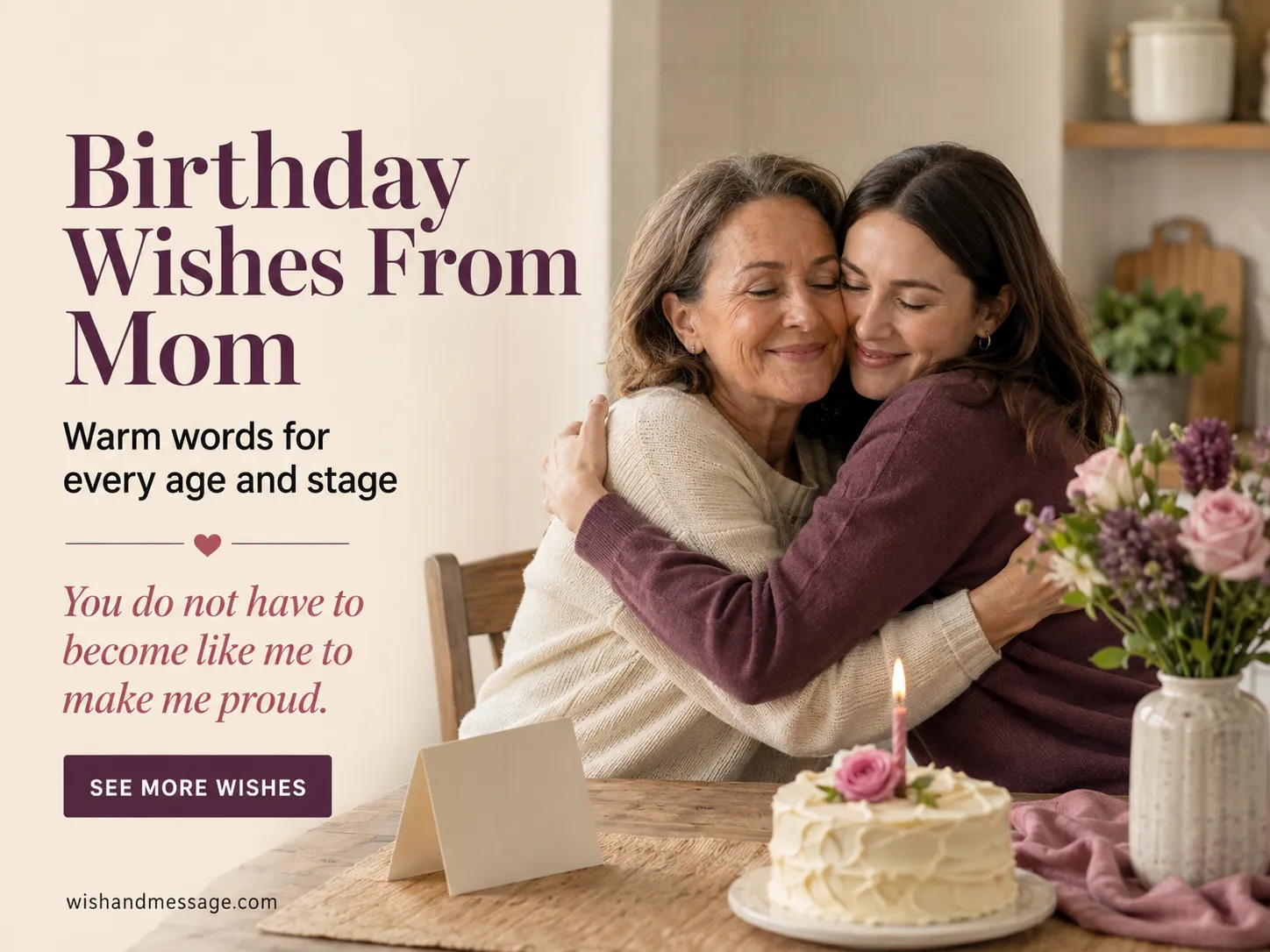 Mother and grown daughter sharing a warm birthday hug at a kitchen table.
