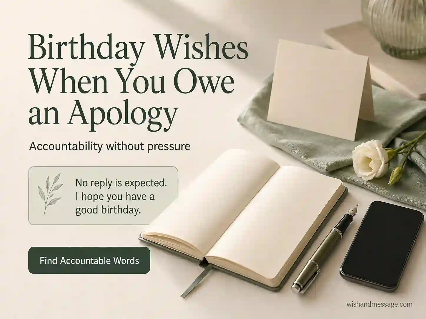 Open notebook, phone, and white flower with an accountable birthday apology message