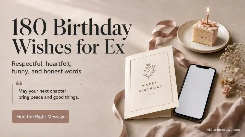 Smartphone and birthday card on a warm editorial desk with text about 180 birthday wishes for an ex