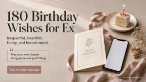 Smartphone and birthday card on a warm editorial desk with text about 180 birthday wishes for an ex