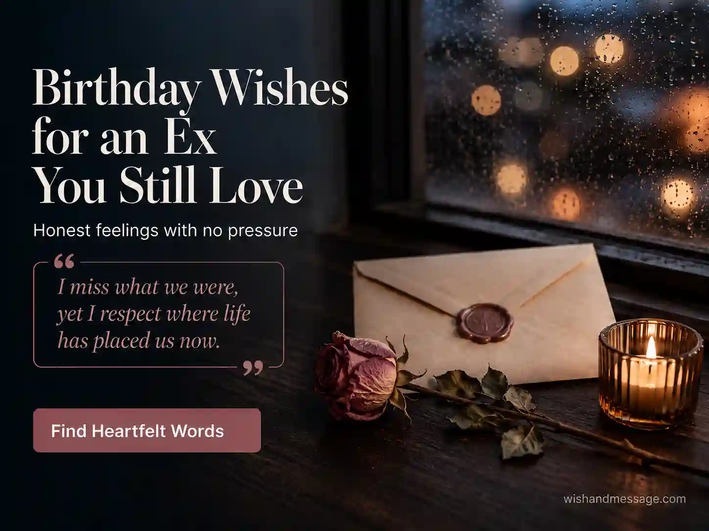 Sealed envelope, dried rose, and candle by a rainy window with a heartfelt birthday message for an ex