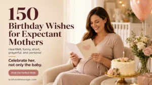 Expectant mother reading a birthday card beside a cake in a warm living room