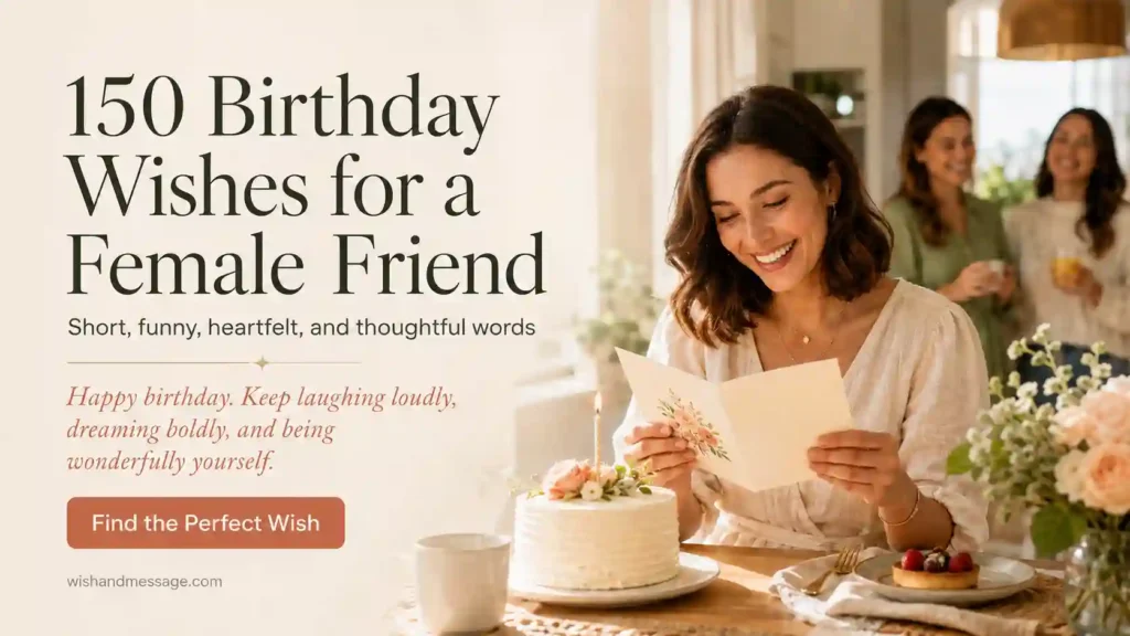 Woman opening a birthday card beside a cake while friends celebrate in the background