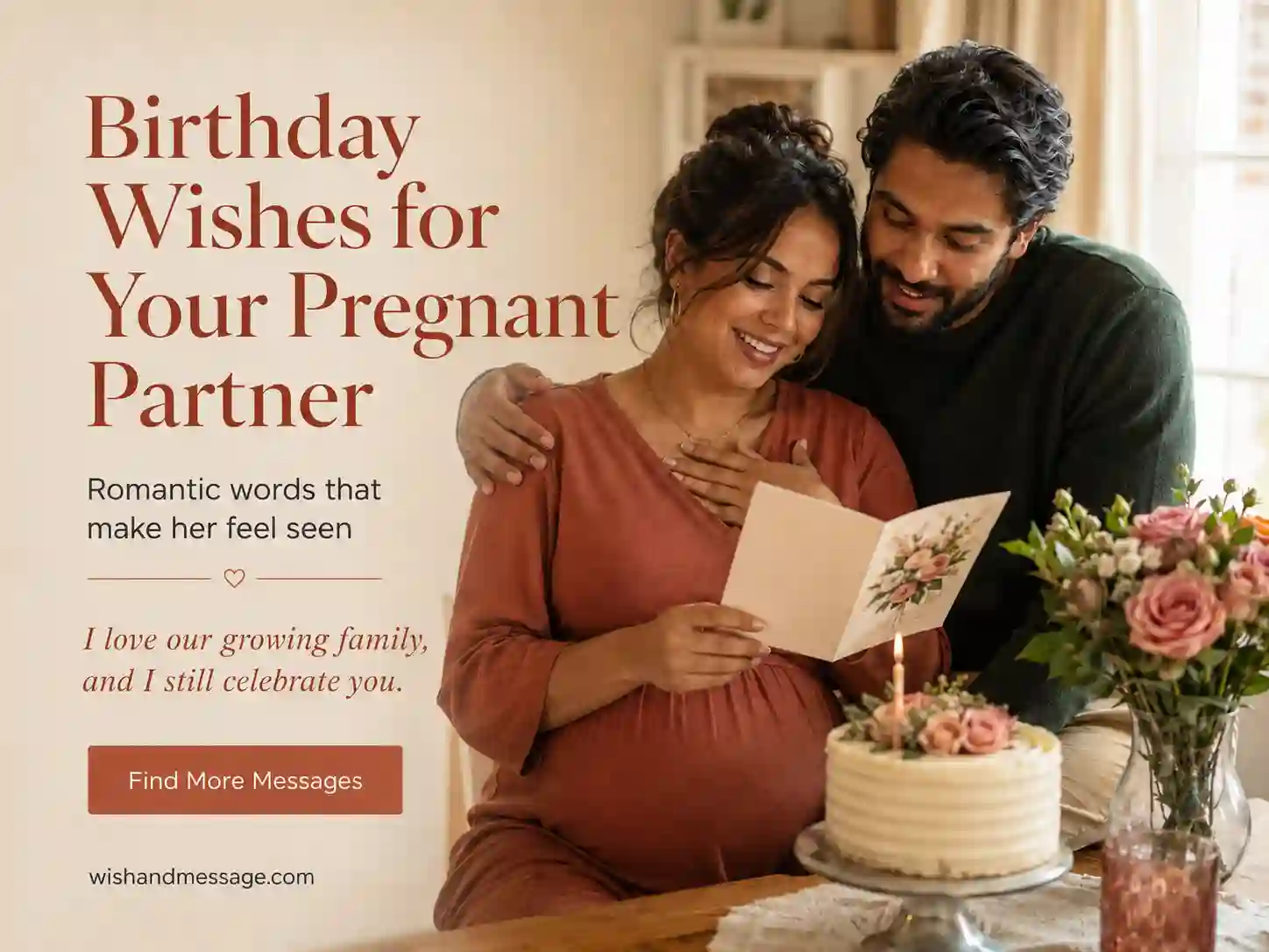 Pregnant woman reading a birthday card with her partner beside her