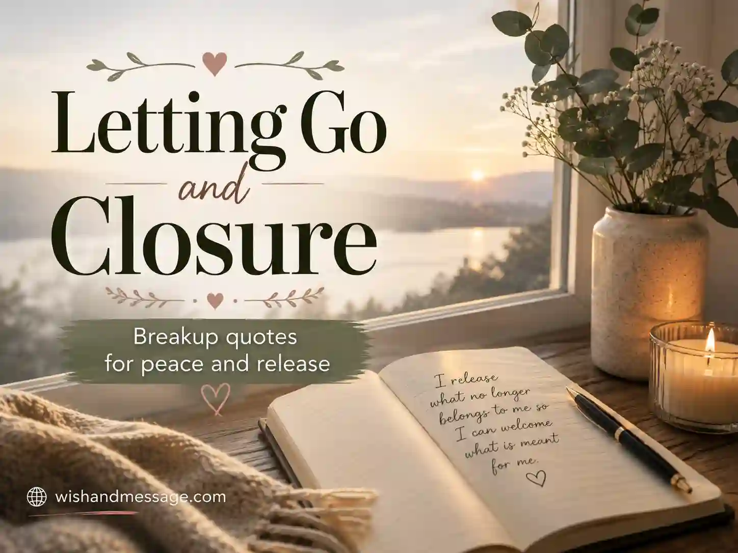 Peaceful reflective image with overlay text about letting go and finding closure after a breakup