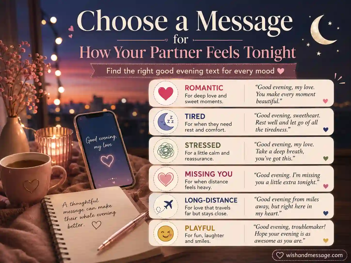 Choose a good evening message by mood image showing romantic message categories for different partner feelings