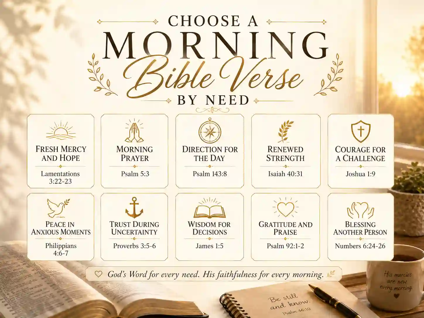 Visual guide showing how to choose a morning Bible verse by need such as peace strength guidance gratitude and hope