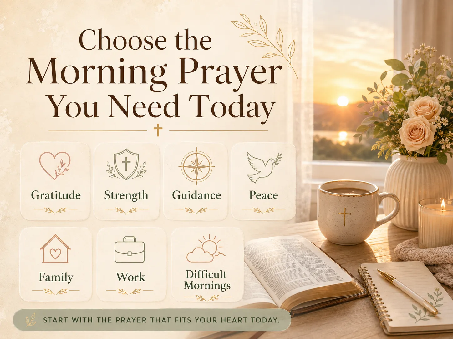Selection guide for choosing a morning prayer by gratitude strength guidance peace family work or difficult mornings