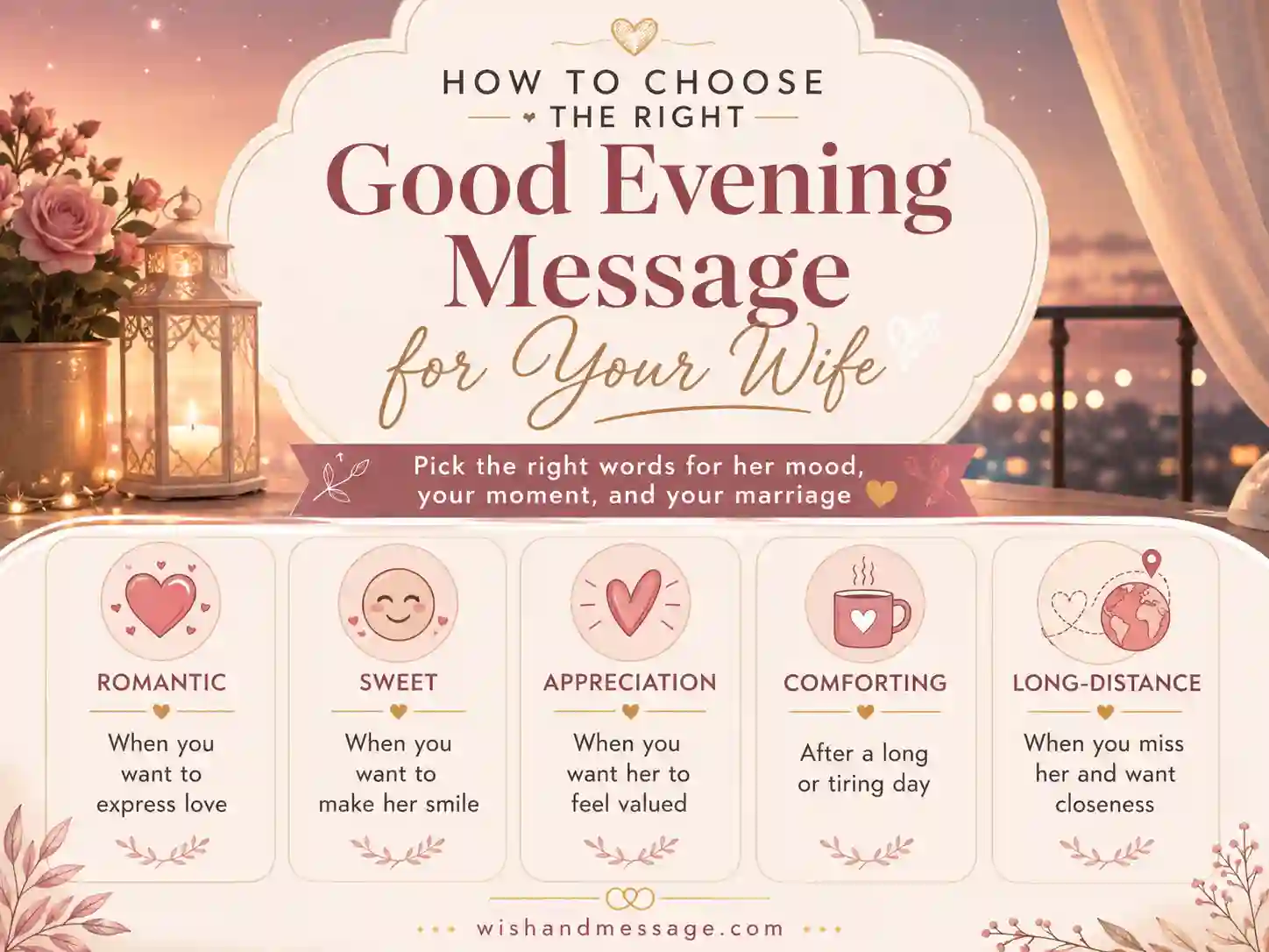 Visual guide for choosing the right good evening message for your wife based on mood and situation