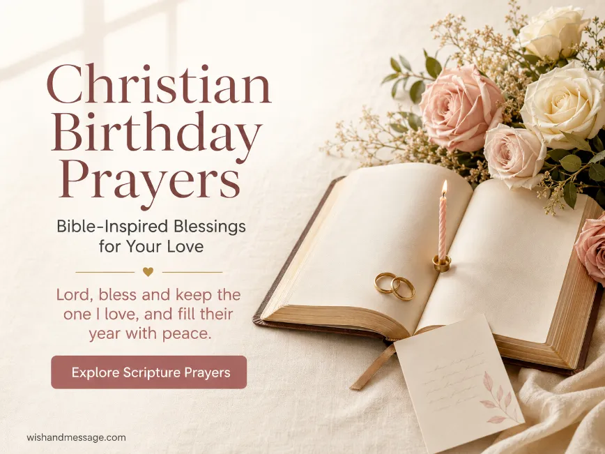 Open Bible beside a birthday candle, wedding rings, cream prayer card, and soft roses in warm morning light.