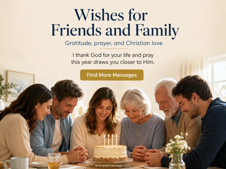 Family and friends sharing a gentle birthday prayer around a small cake
