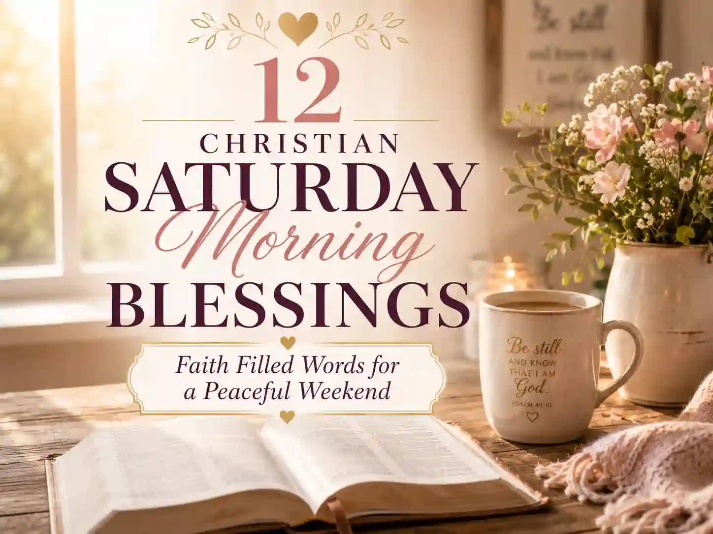 Christian Saturday morning blessings image with open Bible and soft morning sunlight