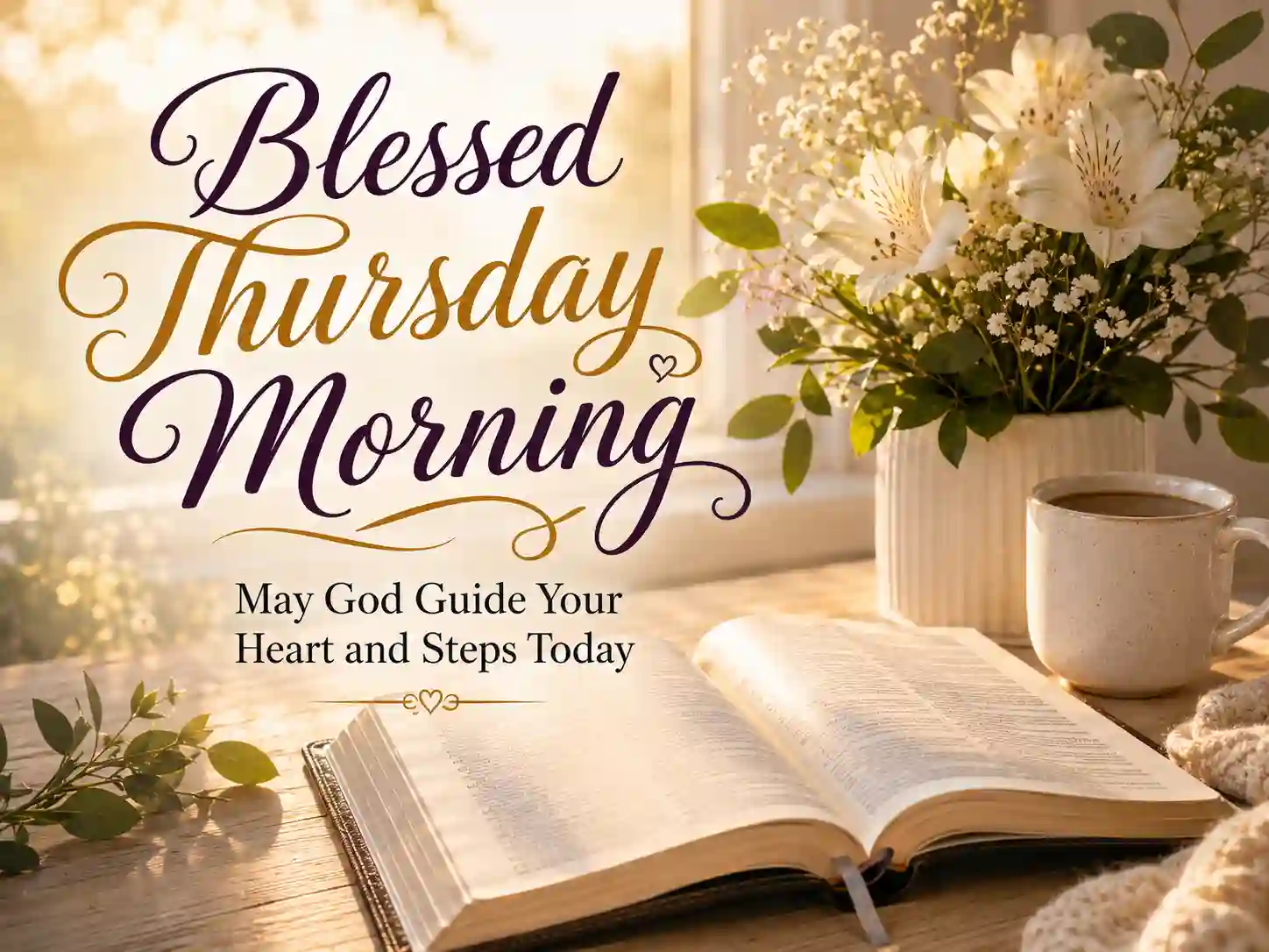 Open Bible in warm morning light with flowers and a Christian Thursday morning blessing.